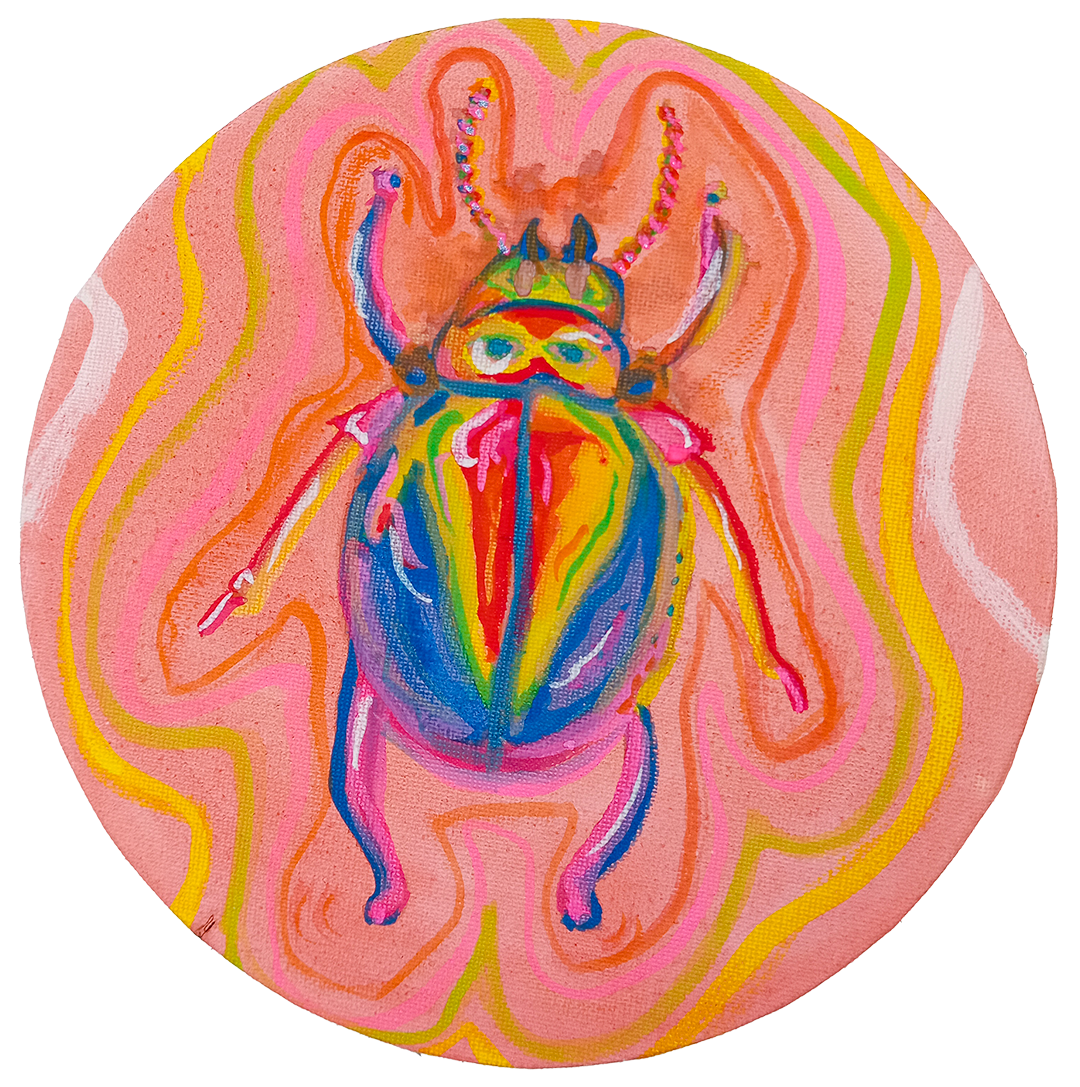 Pintura contemporánea de escarabajo titulada Danza entre mundos, obra artística colorida con fondo abstracto