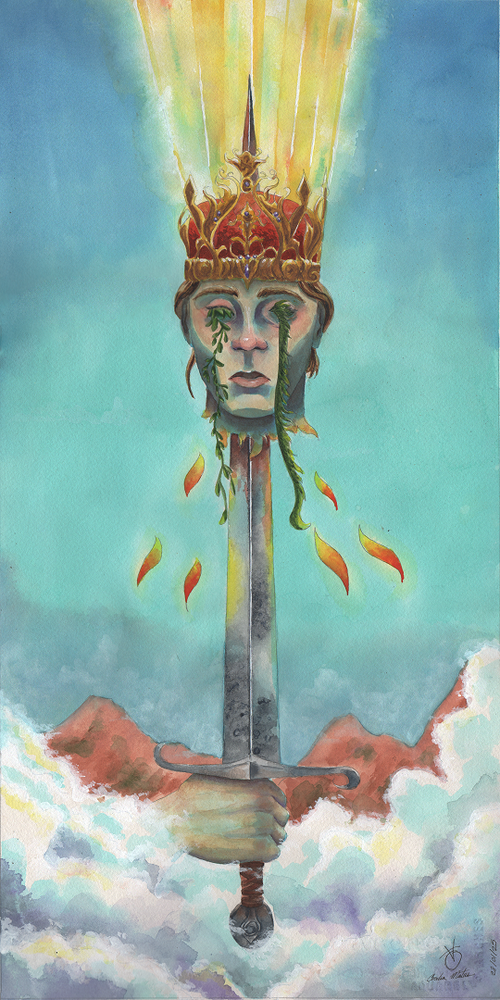 As de espadas de Cecilia Matus, pintura de acuarela sobre papel, surrealismo contemporáneo, disponible en Apolo Art Gallery