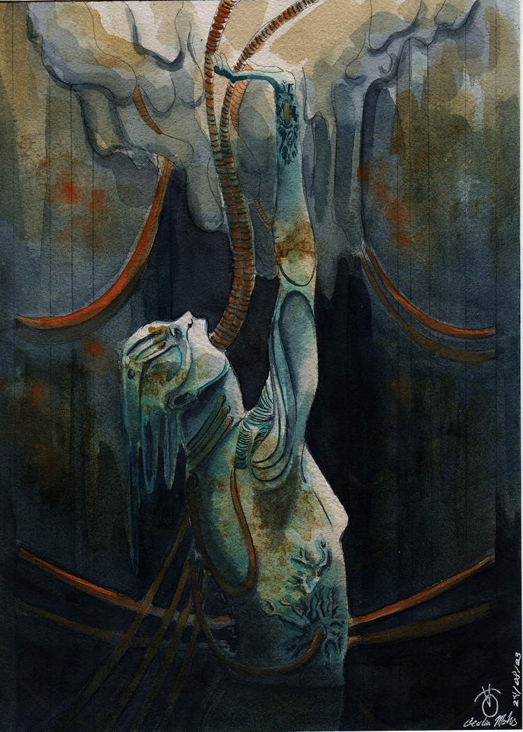 El monstruo de Cecilia Matus, pintura con acrílico sobre papel, surrealismo contemporáneo, disponible en Apolo Art Gallery