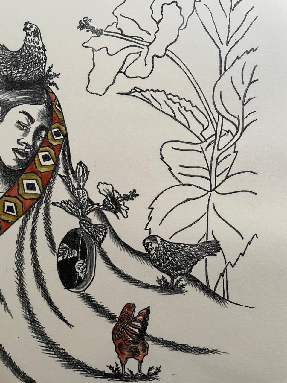 Pequeños sueños del gallinero de Daniela Garduño, litografía enriquecida con acuarela sobre papel fabriano, disponible en Apolo Art Gallery