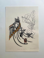 Pequeños sueños del gallinero de Daniela Garduño, litografía enriquecida con acuarela sobre papel fabriano, disponible en Apolo Art Gallery