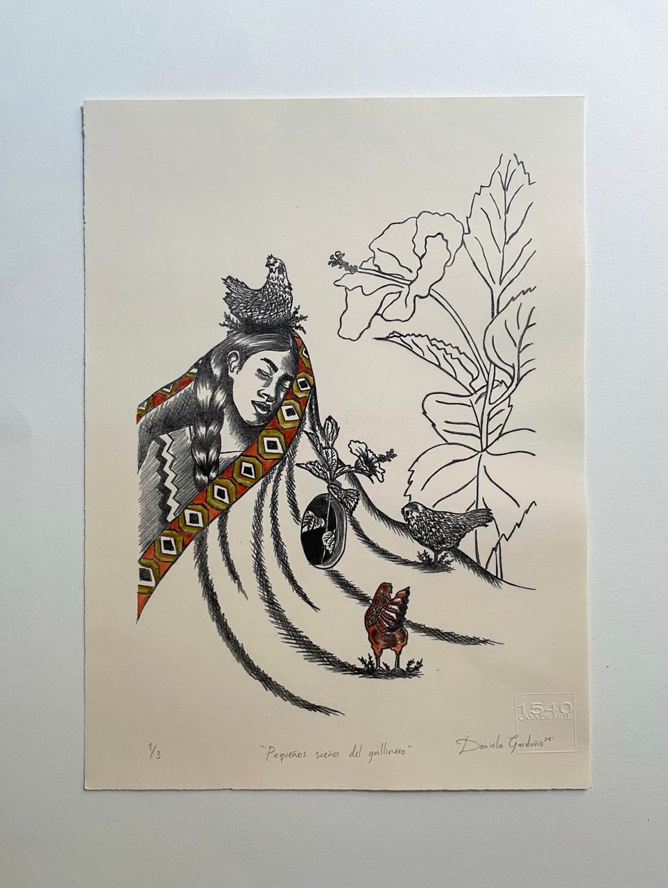 Pequeños sueños del gallinero de Daniela Garduño, litografía enriquecida con acuarela sobre papel fabriano, disponible en Apolo Art Gallery