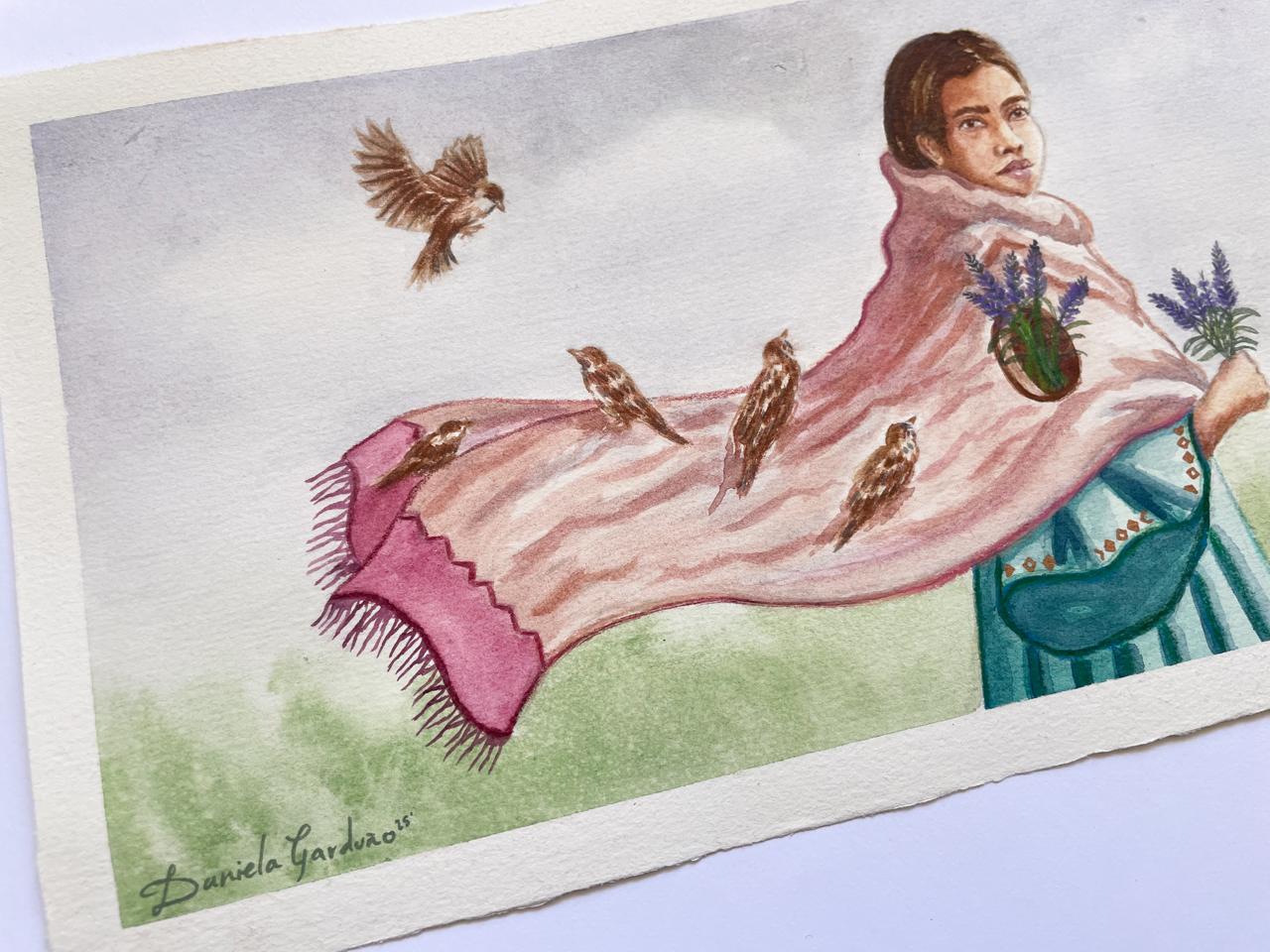 Recolectora de memorias de Daniela Garduño, acuarela sobre papel, disponible en Apolo Art Gallery