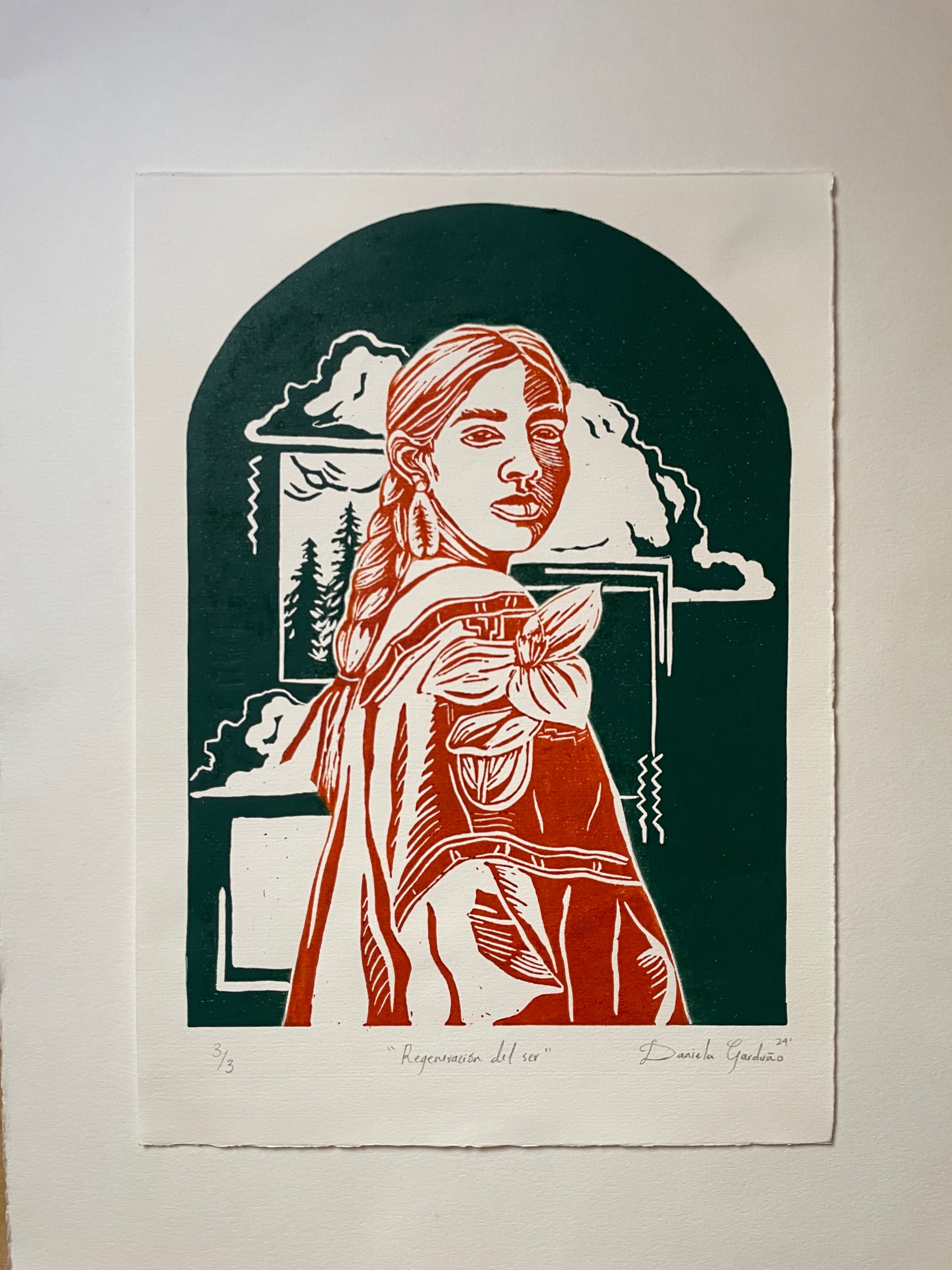 Regeneración del ser de Daniela Garduño, linograbado sobre papel fabriano, disponible en Apolo Art Gallery