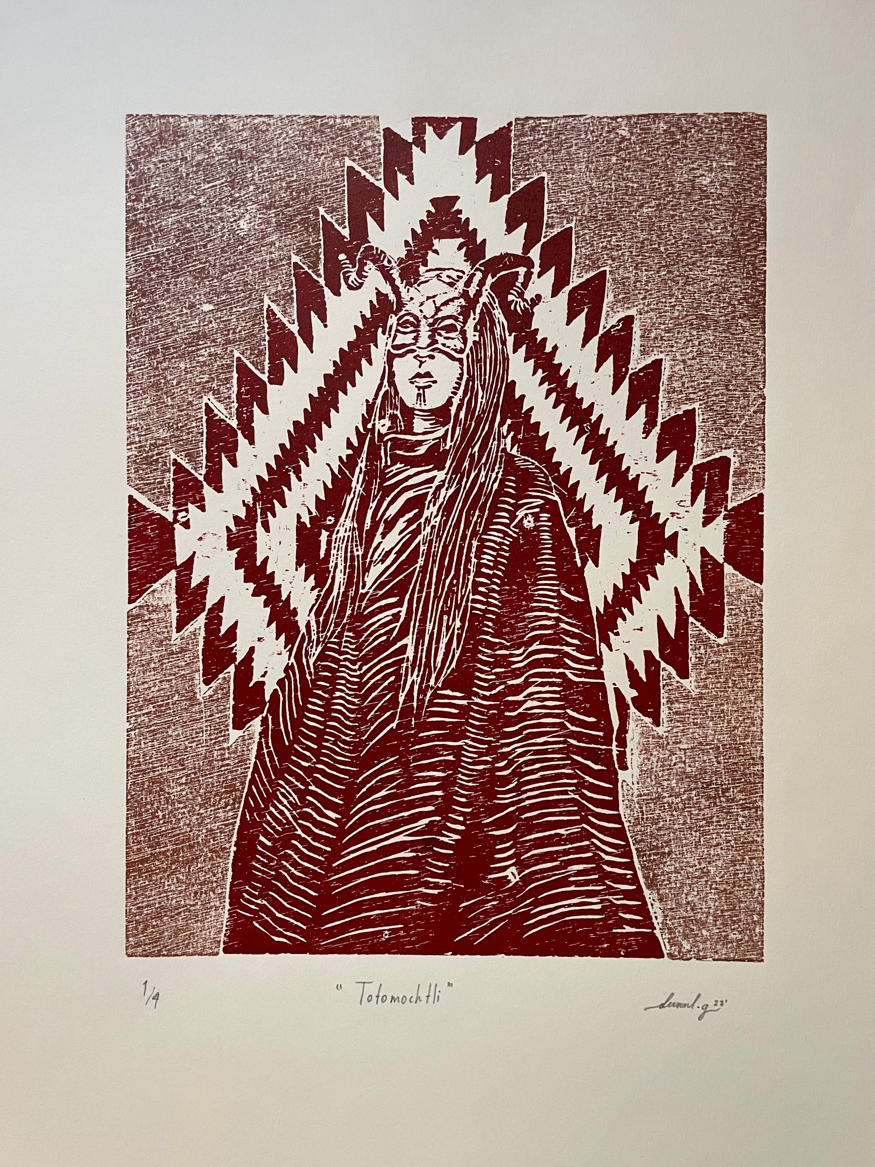 Totomochtli de Daniela Garduño, xilografía sobre papel fabriano, disponible en Apolo Art Gallery