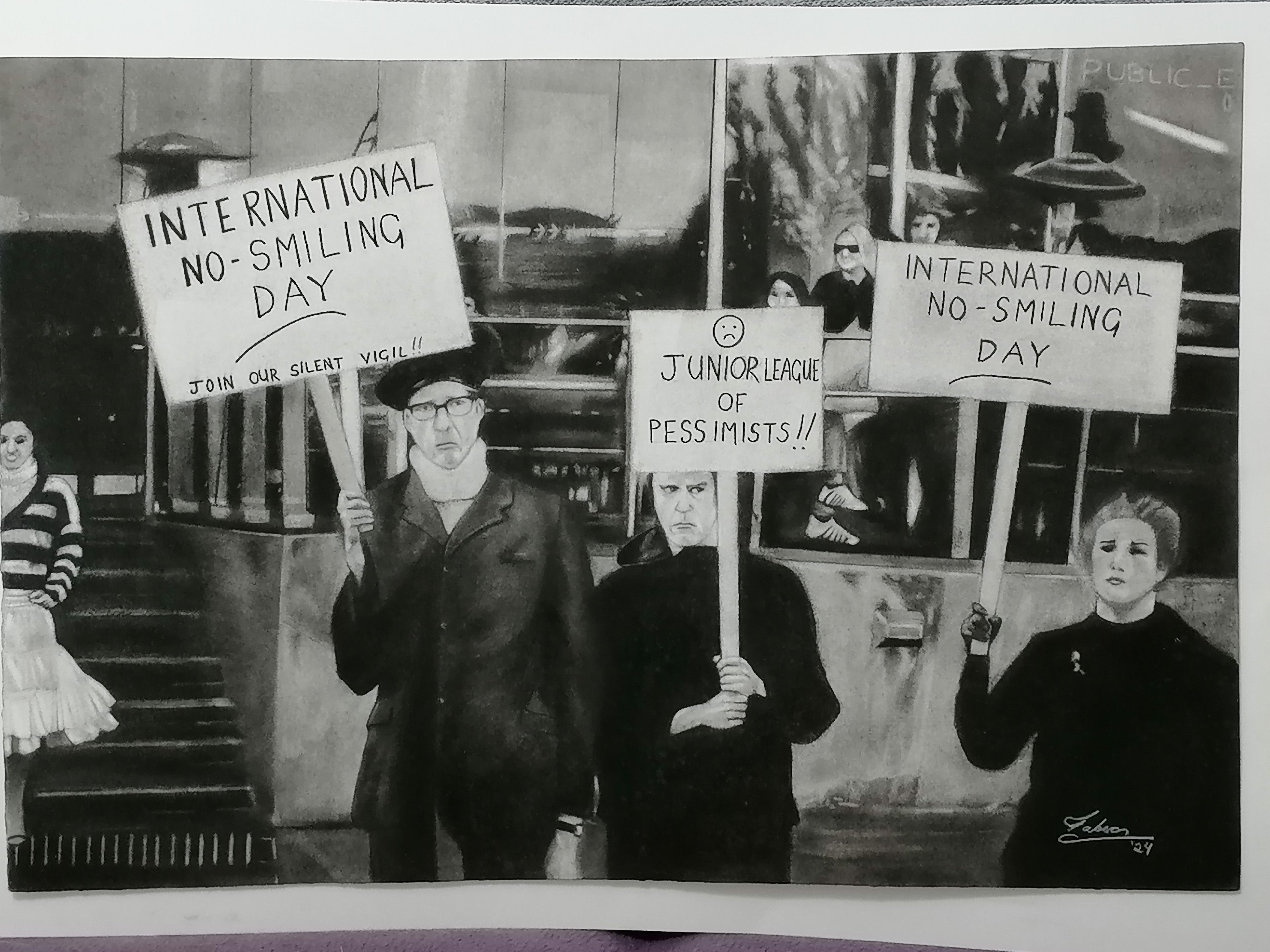 International no Smiling Day de Fabec, dibujo con carbón sobre papel, contemporáneo, disponible en Apolo Art Gallery