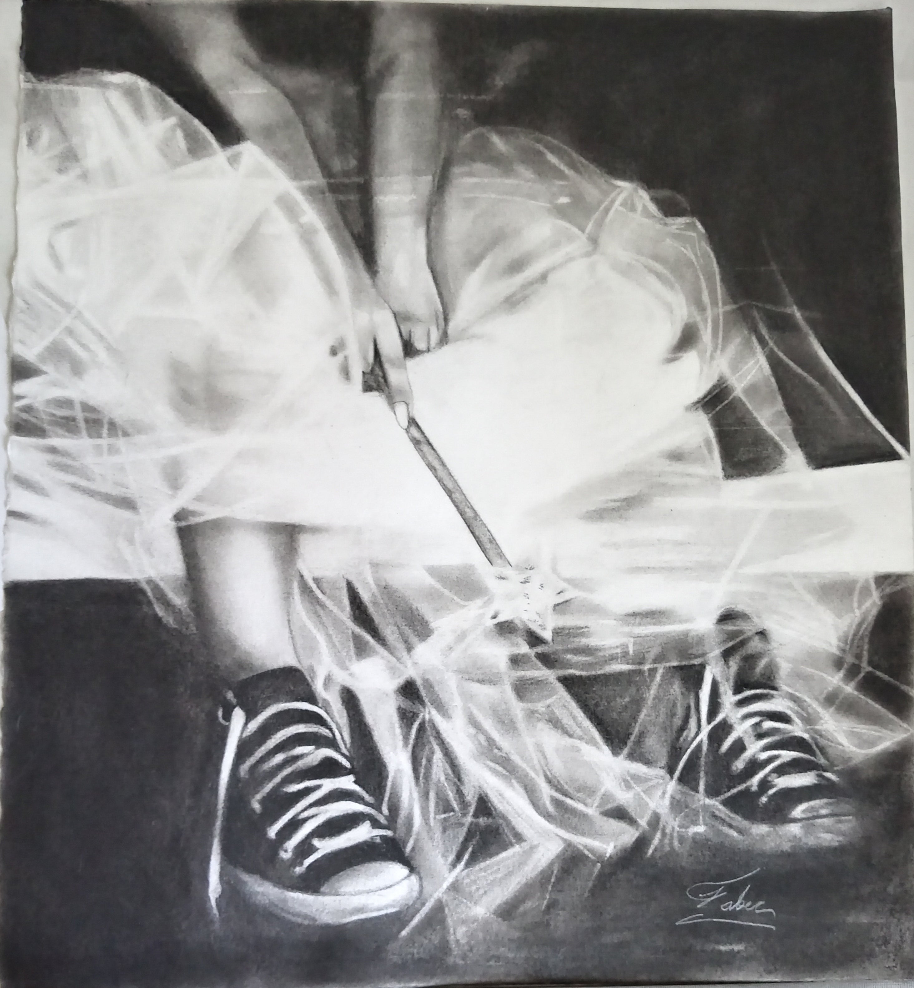 Pide un deseo de Fabec, dibujo de carbón sobre papel, realista contemporáneo, doisponible en Apolo Art Gallery