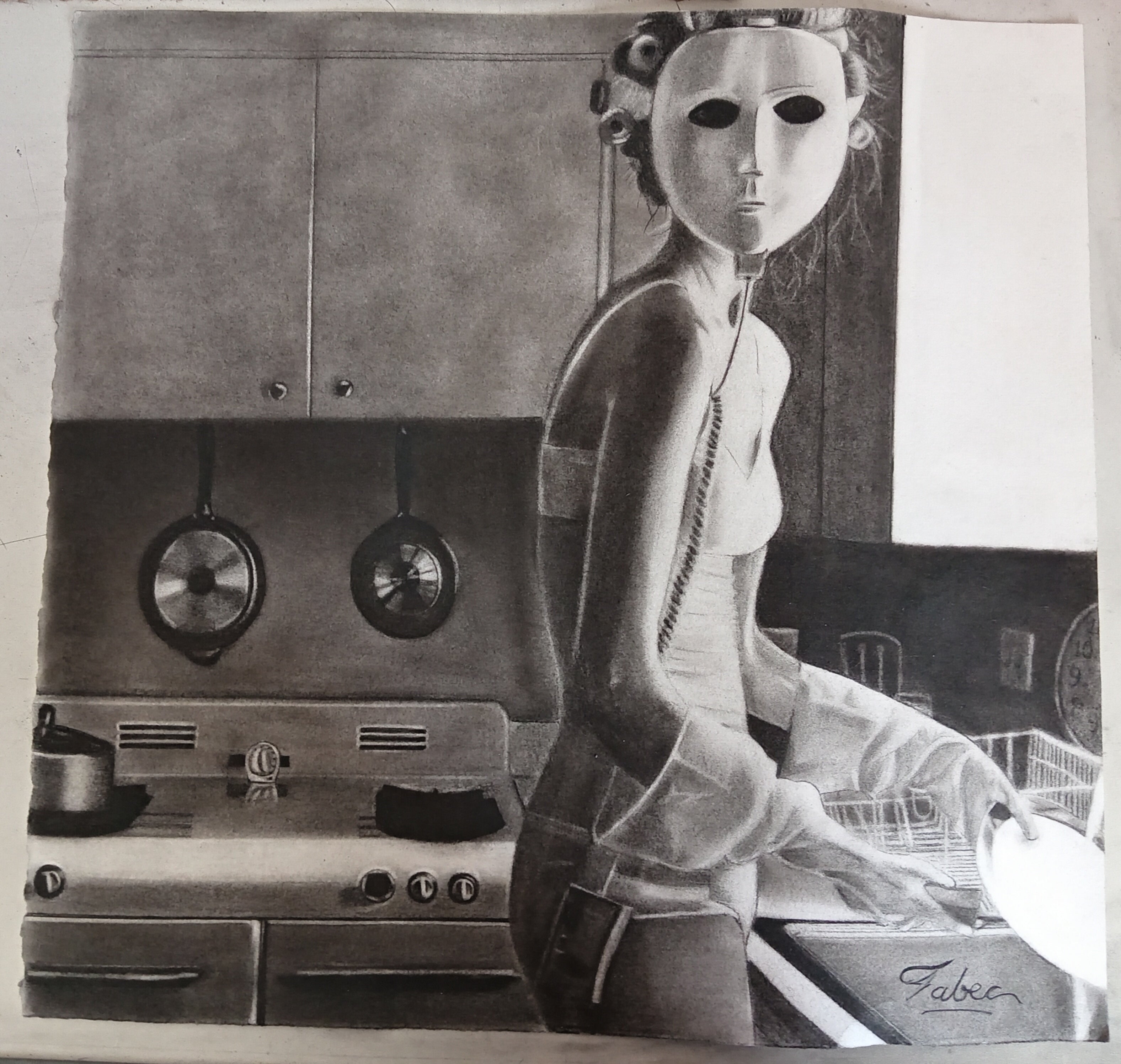 Vida moderna de Fabec, dibujo con carbón sobre papel, contemporáneo, disponible en Apolo Art Gallery