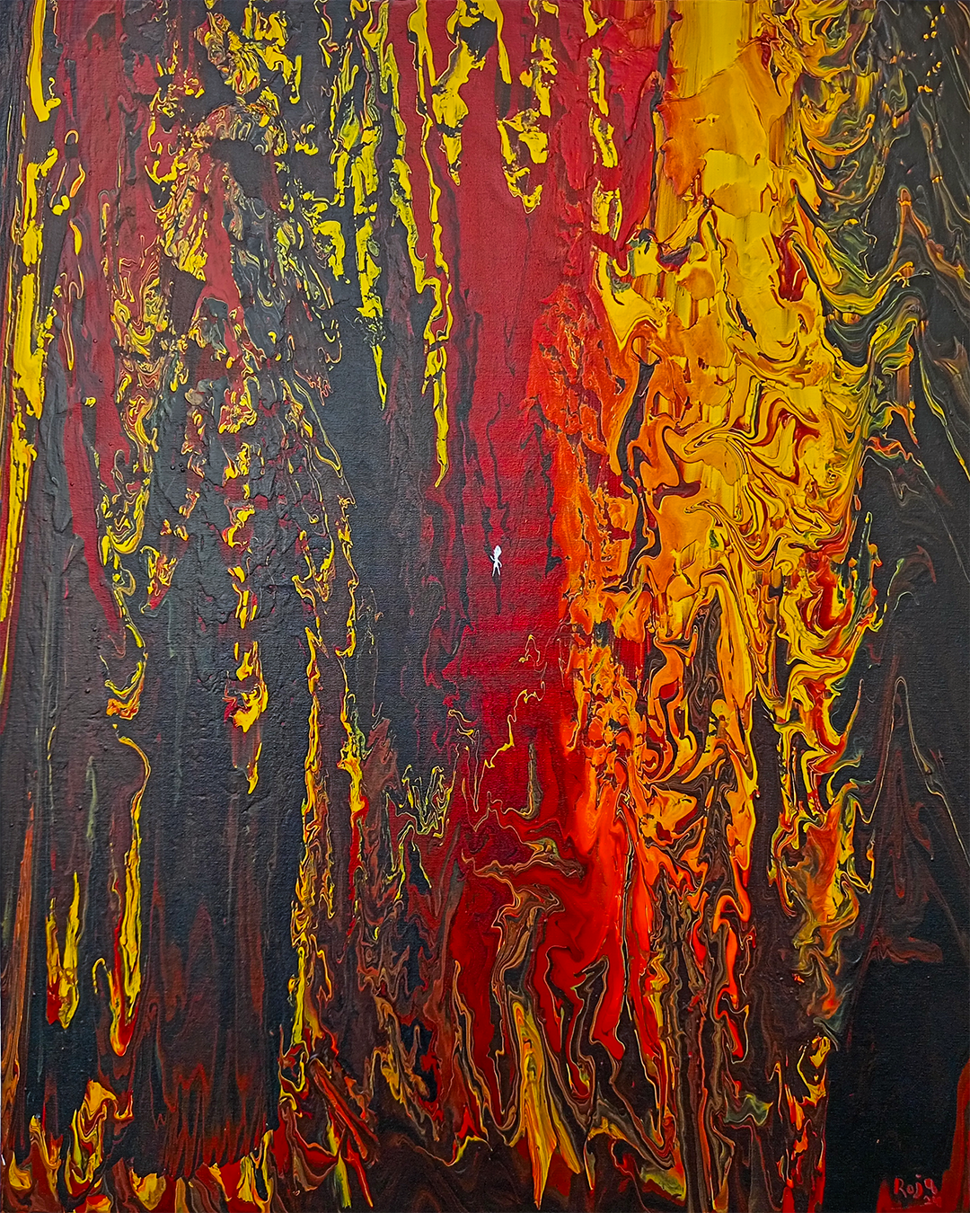 Quema de Gala Roja, pintura fluida sobre lienzo, arte contemporáneo, disponible en Apolo Art Gallery