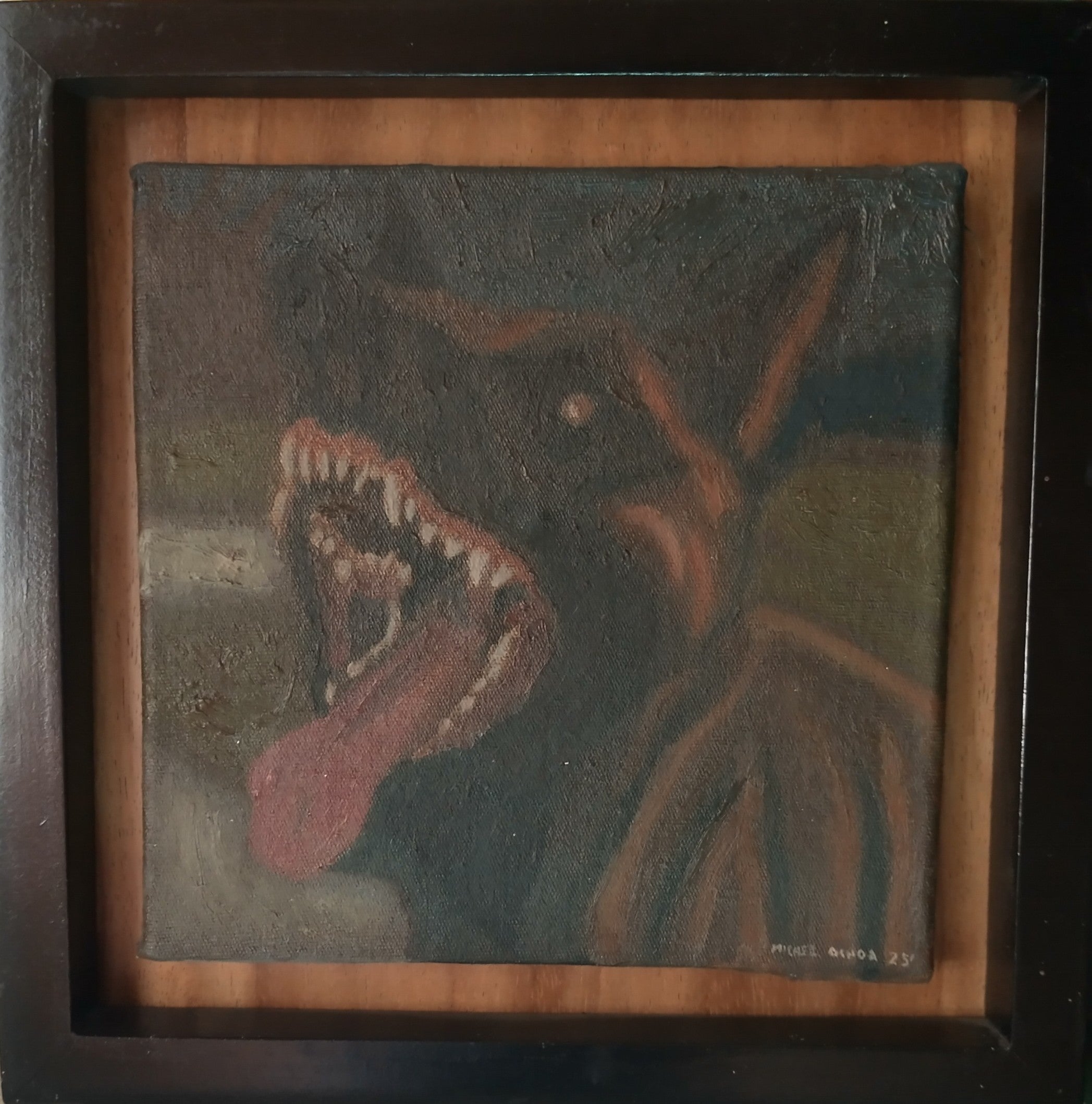 Monstruo de Michel Ochoa, pintura al óleo sobre tela enmarcado, disponible en Apolo Art Gallery